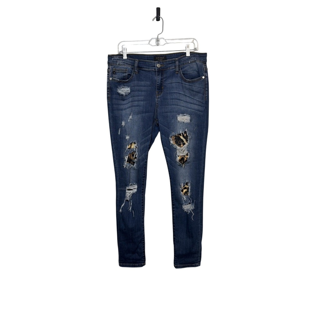 Judy Blue Skinny Jeans Womens 13/31 Blue Distressed Leopard Print Patch Denim
